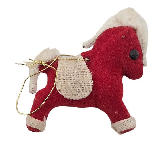 Teddy Bear And Horse Ornaments Flocked Christmas Holiday Decor Vintage Set of 5 - Picture 5 of 7